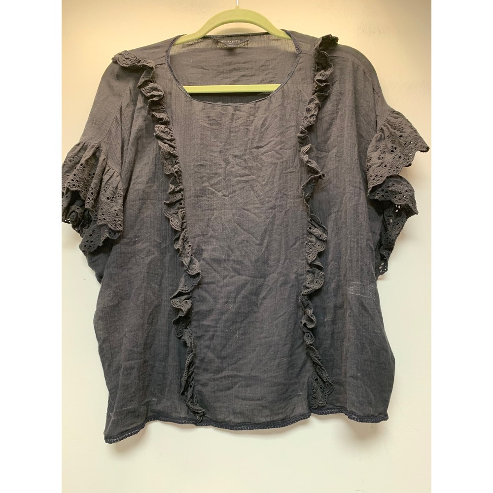 AllSaints Isa Tee Blouse Womens Small Black Excellent Ruffle Eyelet Cotton Gauze